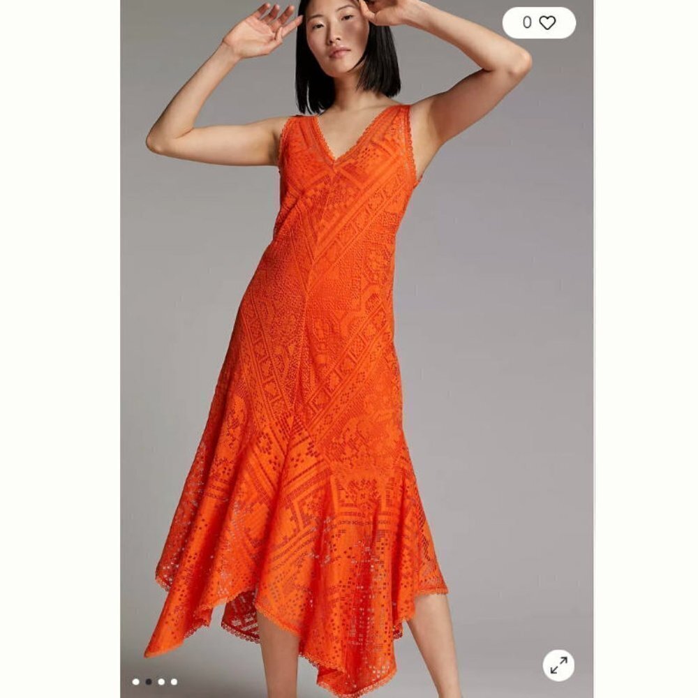 Anthropologie orange lace handkerchief midi dress
